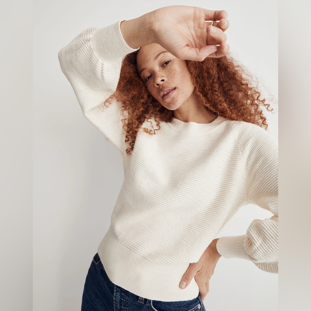 Madewell Corbett Balloon-Sleeve Sweater Ribbed Textured Small Ivory Off White